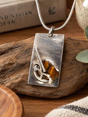 Vintage Scandinavian Brutalist Silver Tigers Eye Pendant Signed Møller P Denmark